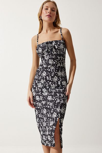 Happiness İstanbul Weiß-schwarzes Sommer-Strickkleid mit Blumenmuster und Schlitz für Damen CI00029