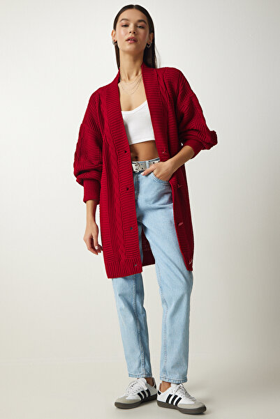 Happiness İstanbul Női piros léggömb ujjú túlméretezett kötöttáru kardigán DD01033