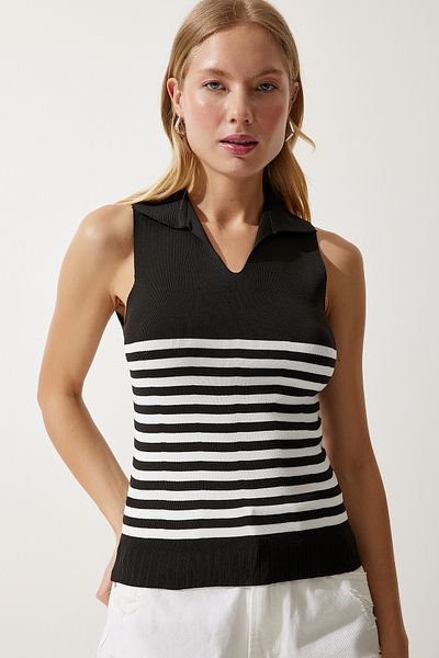 Happiness İstanbul Women's Black Polo Neck Striped Knitwear Blouse OW00037