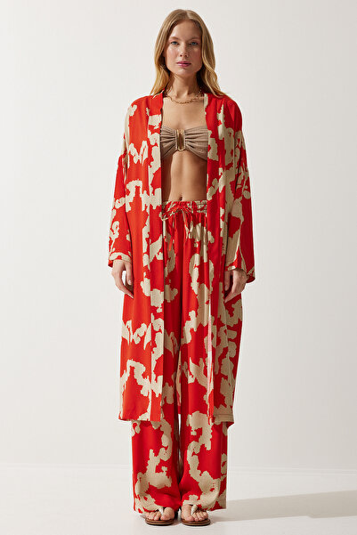 Happiness İstanbul Women's Orange Beige Patterned Viscose Kimono Palazzo Trousers Set CI00086