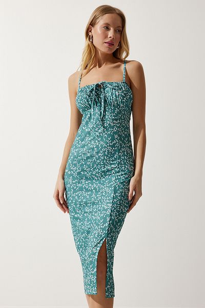 Happiness İstanbul Damen Petrolgrün Weiß Blumen Schlitz Sommer Strickkleid CI00029
