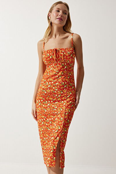 Happiness İstanbul Damska pomarańczowo-żółta letnia sukienka z dzianiny z rozcięciem w kwiaty CI00029