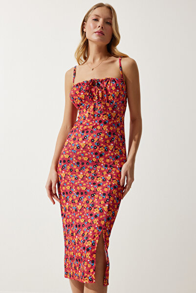 Happiness İstanbul Damska ciemnoróżowa pomarańczowa letnia sukienka z dzianiny z rozcięciem w kwiaty CI00029