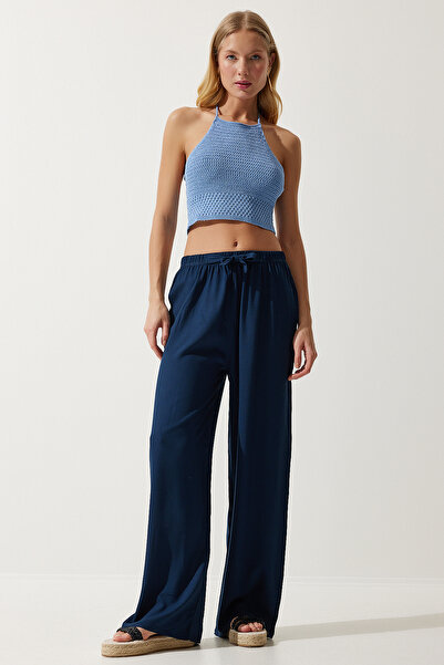 Happiness İstanbul Női sötétkék nyári viszkóz Palazzo nadrág EN00610