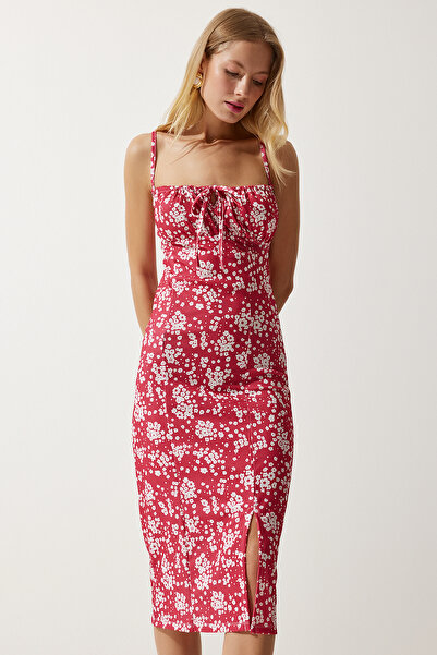 Happiness İstanbul Női rózsaszín és fehér virágos hasított nyári kötött ruha CI00029