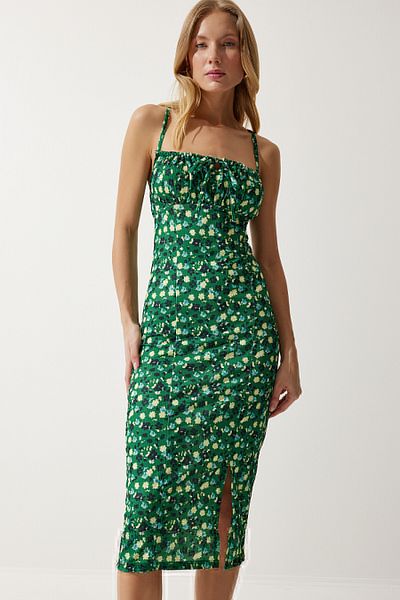 Happiness İstanbul Grün-gelbes Sommer-Strickkleid mit Blumenmuster und Schlitz für Damen CI00029