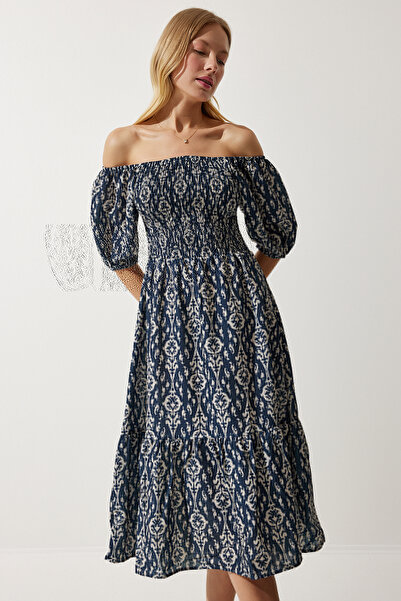 Happiness İstanbul Női sötétkék krémmintás nyári szőtt ruha MX00153