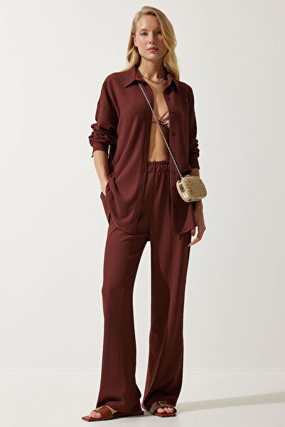Happiness İstanbul Γυναικείο Καφέ Άνετο Πλεκτό Πουκάμισο Παντελόνι Σετ KH00090