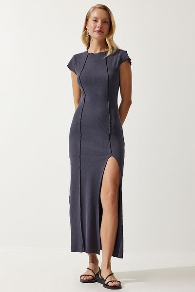Happiness İstanbul Women's Anthracite Slit Ribbed Saran Knitted Dress NV00066