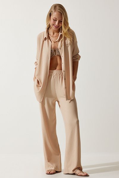 Happiness İstanbul Women's Beige Comfortable Knitted Shirt Trousers Set KH00090