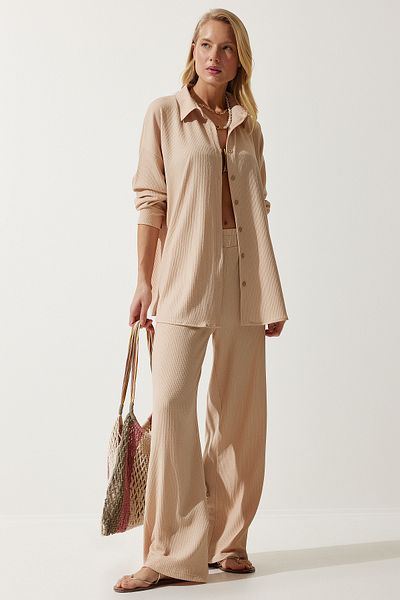 Happiness İstanbul Women's Beige Comfortable Knitted Shirt Trousers Set KH00090