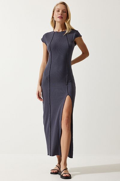 Happiness İstanbul Women's Anthracite Slit Ribbed Saran Knitted Dress NV00066