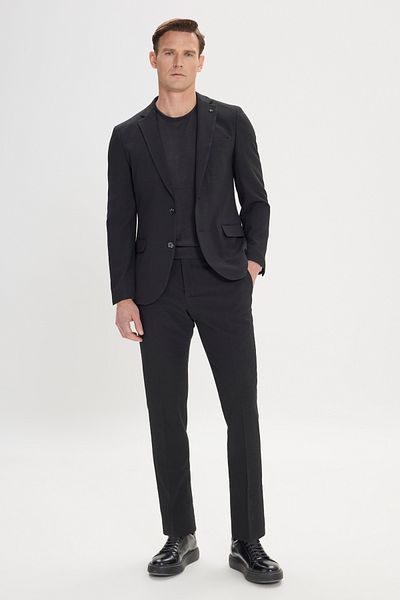 ALTINYILDIZ CLASSICS Men's Black Slim Fit Narrow Cut Mono Collar Seersucker Patterned Suit