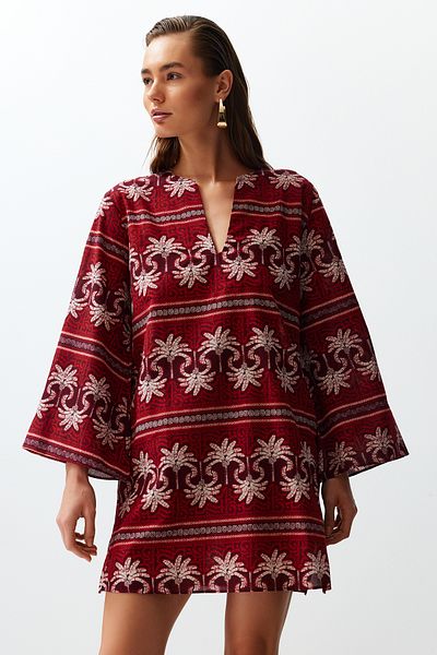 Trendyol Collection Ethnic Patterned Wide Fit Maxi Woven 100% Cotton Beach Dress TBESS24EL00035