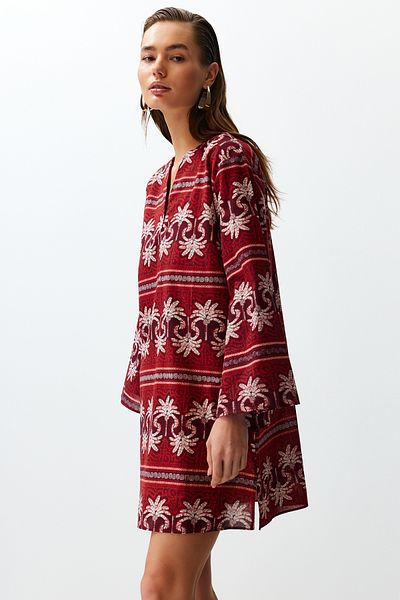 Trendyol Collection Ethnic Patterned Wide Fit Maxi Woven 100% Cotton Beach Dress TBESS24EL00035