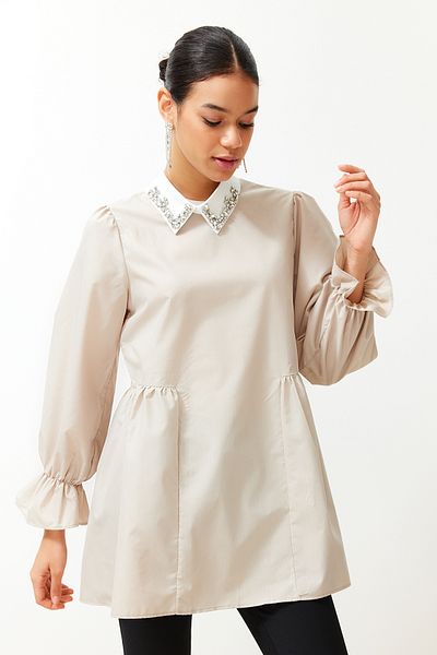 Trendyol Modest Stone Pearl Collar Detailed Cotton Woven Tunic TCTSS24UK00002