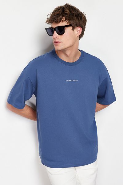 Trendyol Collection Βαμβακερό μπλουζάκι με κέντημα Indigo - TMNSS24TS00113