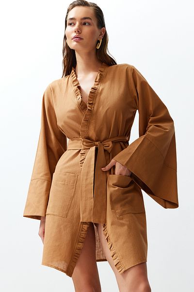 Trendyol Collection Brown Belted Mini Woven Ruffled 100% Cotton Kimono&Kaftan TBESS24KM00036