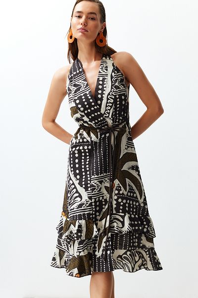 Trendyol Collection Tropické vzorované páskové maxi tkané plážové šaty 100% bavlna TBESS24EL00042