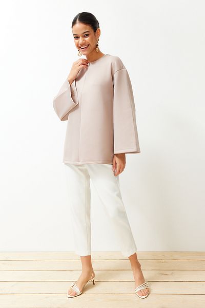 Trendyol Modest Beiges Scuba-Übergrößen-Sweatshirt – Reißverschlussdetails, TCTSS24UK00032