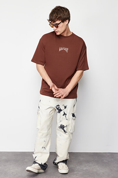 Trendyol Collection Μπλουζάκι υπερμεγέθη καφέ βαμβακερό εμπριμέ - TMNSS24TS00003