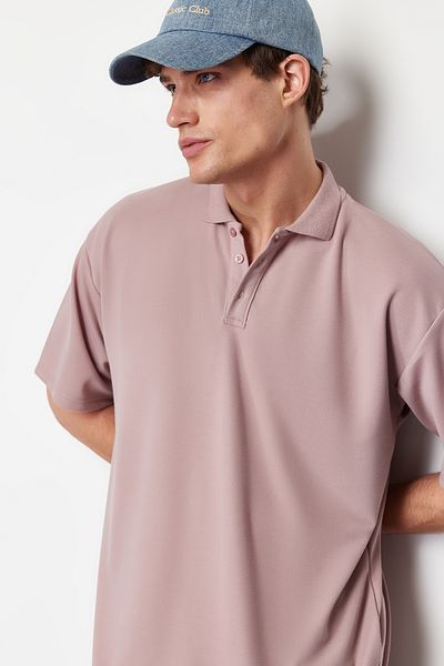 Trendyol Collection Tricou cu guler polo din țesătură solidă, supradimensionat/larg, cu trandafir praf premium TMNSS24PO00012
