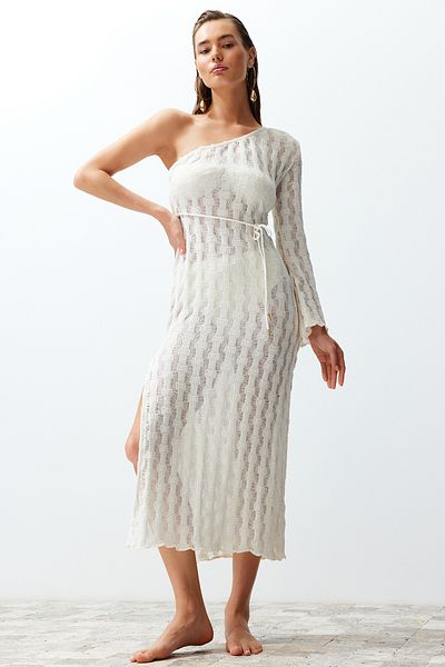 Trendyol Collection Max Knitwear Look Beiges One-Shoulder-Strandkleid - Mit Gürtel, tailliert TBESS24EL00025