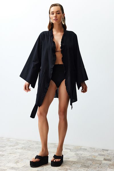 Trendyol Collection Černý pásek Mini tkaný volán 100% bavlna Kimono&amp;Kaftan TBESS24KM00036