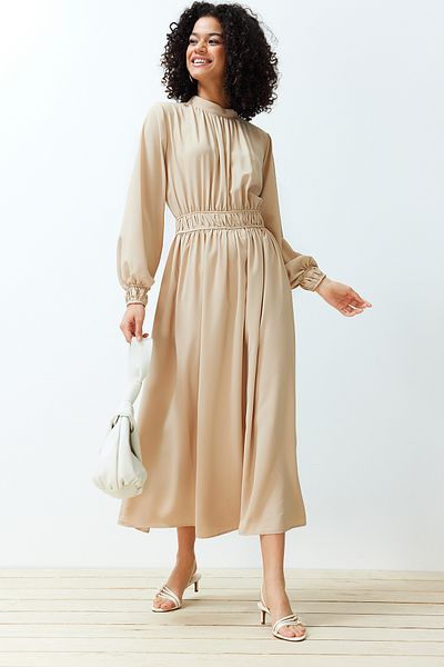 Trendyol Modest Beige Stand Collar Waist and Sleeve Gather Detailed Woven Dress TCTSS24EB00083