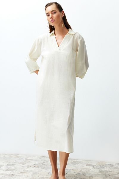 Trendyol Collection Ecru Wide Fit Midi Woven Balloon Sleeve 100% Cotton Beach Dress TBESS22EL0009