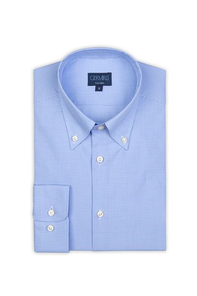 Germirli Non Iron Light Blue Checked Buttoned Collar Tailor Fit Shirt