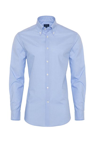 Germirli Non Iron Light Blue Checked Buttoned Collar Tailor Fit Shirt