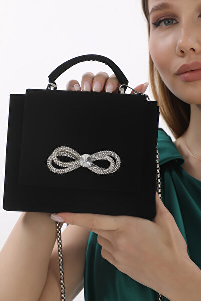 Piedra Black Color Nubuck Fabric Hand-held and Hanging Evening Bag with Stone and Magnet Cover Width: 17.5 Cm Length: 14 Cm