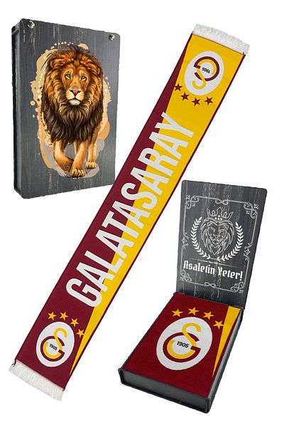 Galatasaray Original Woven Scarf with Lion Printed Wooden Box