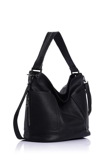 Getcho Argolis Soft Leather Large Volume Zippered Double Pocket Detailed Daily Strap Black Women's Shoulder Bag