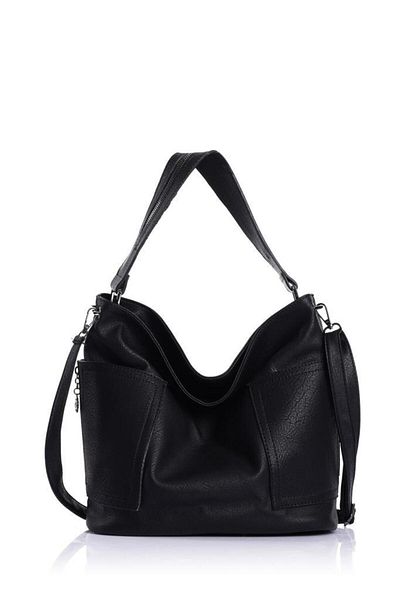Getcho Argolis Soft Leather Large Volume Zippered Double Pocket Detailed Daily Strap Black Women's Shoulder Bag