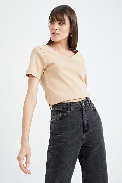 DeFacto Μπλουζάκι με ραβδώσεις με λαιμόκοψη V - 100% βαμβάκι, κοντό μανίκι, I1080az23sm