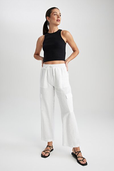 DeFacto Straight Fit Cargo Pocket Regular Waist Linen Blended Pants Y7270az23sm