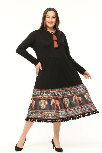 Ebsumu Γυναικείο μακρύ μαύρο φόρεμα με στάμπα ελέφαντα