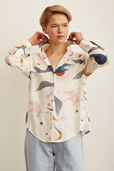 Sue Store Πουκάμισο υπερμεγέθους με πολύχρωμο εκρού σχέδιο
