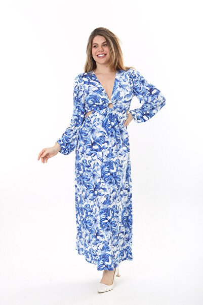 Şans Női nagyméretű kék mélyen dekoltált hosszú ruha 65N37629