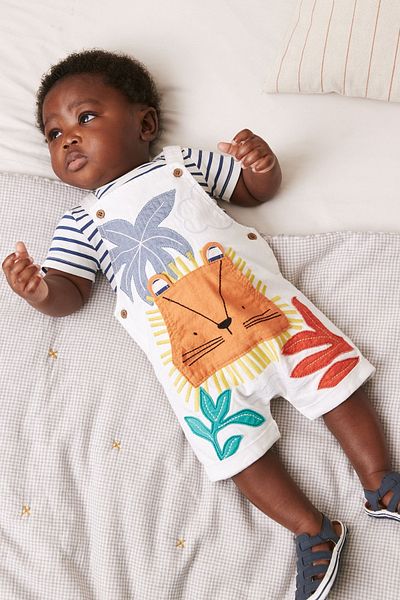 Next Baby 100% Cotton Cream Lion Patterned Salopet Bodysuit Set