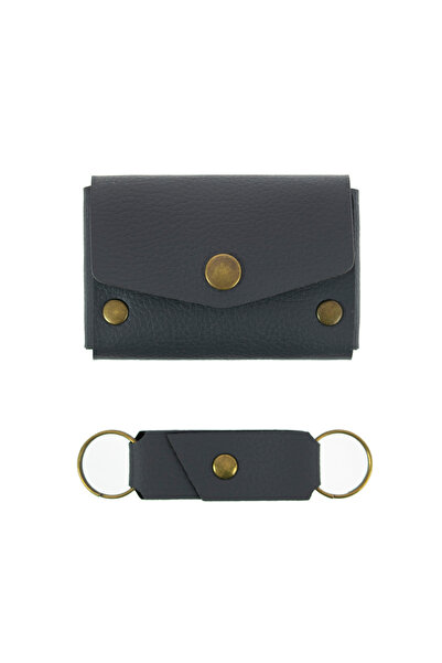 miawiki مجموعة محفظة جلدية بلون أزرق داكن غير لامع وسلسلة مفاتيح، إكسسوار هدايا