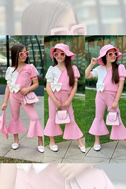 Riccotarz Girl's V-neck Balloon Sleeve Blouse and Spanish Leg Pants Pink Bottom Top Set