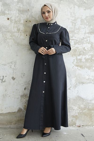 InStyle Τζιν φόρεμα με μαργαριταρένια λεπτομέρεια - Γκρι