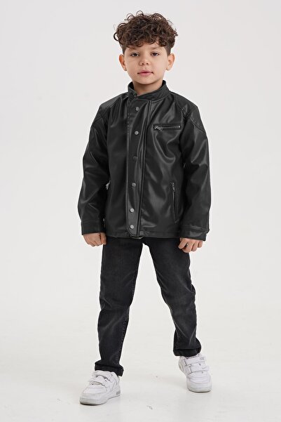 Gold Class Kidswear Çıtçıt Süslemeli Fermuarlı Astarlı Erkek Çocuk Deri Ceket