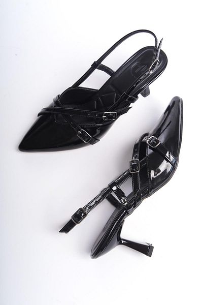 Modabuymus İkparS Mary Jane Black Patent Leather Cross Two-Strap Stiletto Heeled Shoes
