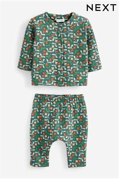 Next Baby 100% Cotton Green Flovers Long Sleeve Jacket Leggings Bottom Top Set