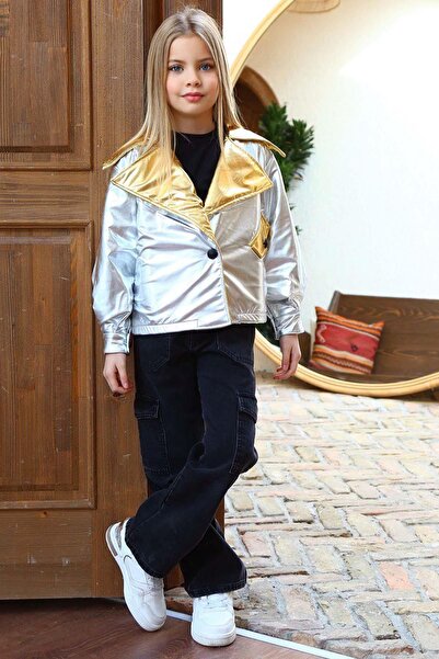 Riccotarz Girl's Shiny Jacket and Jeans Cargo Pocket Pants Silver Bottom Top Set