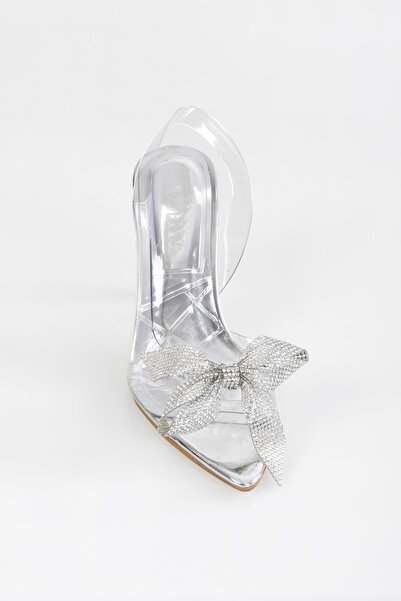 Shoeberry Dámské průhledné boty na podpatku Starla Silver Jeweled Bow